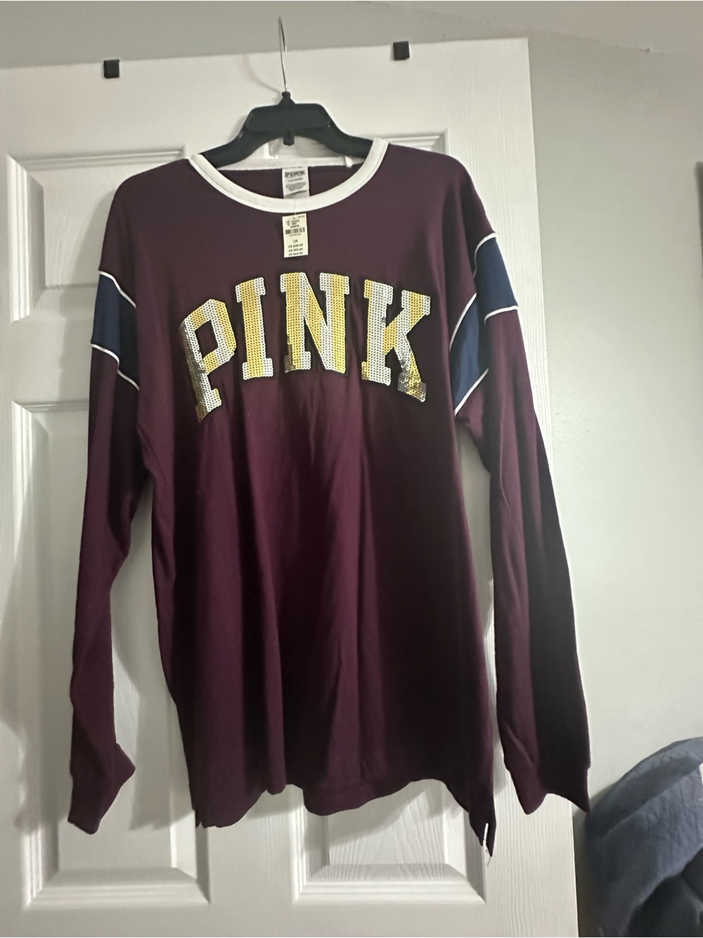 PINK Victoria's Secret Maroon Long Sleeve Top with Navy Accents